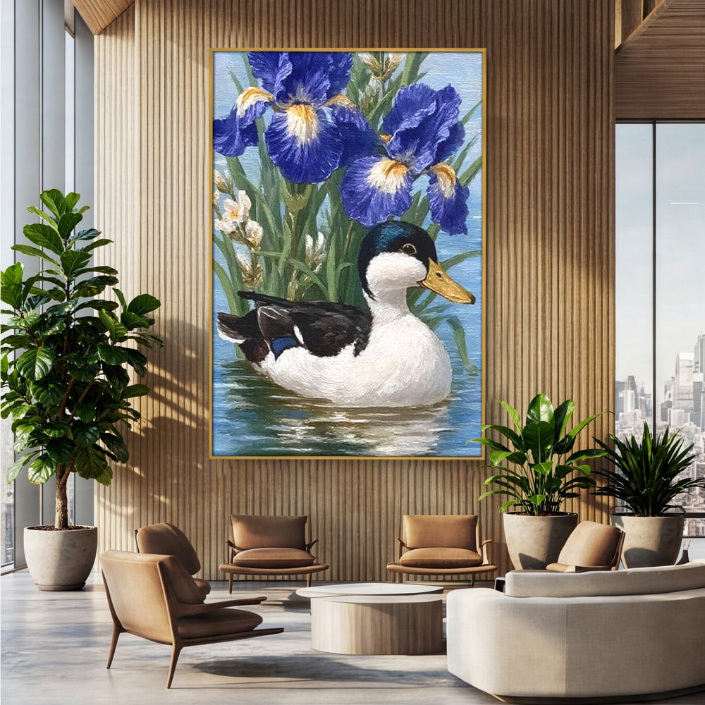 Tablou canvas cu tablou canvas cu rata pe lac si flori de iris, in rama de aluminiu auriu, pe perete intr-un birou